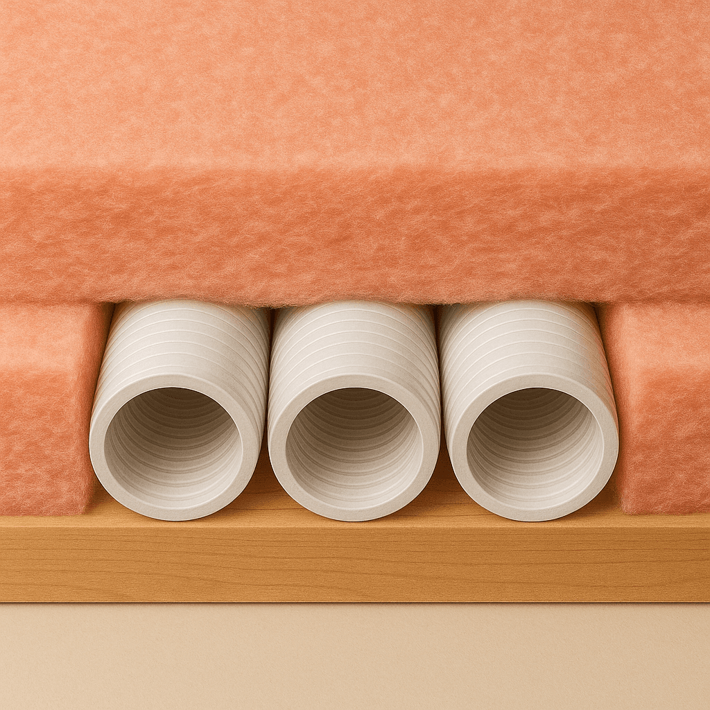 MVHR duct enclosed within roof insulation — thermal continuity maintained