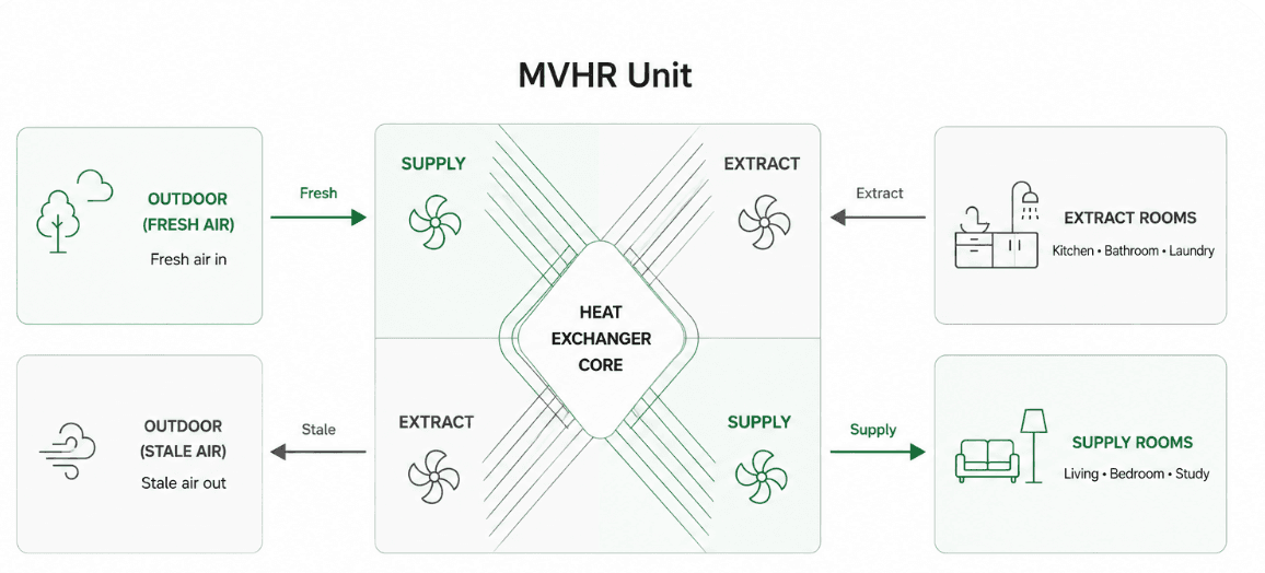 Heat recovery ventilation unit diagram — fresh air from outdoors passes through the supply fan into the heat exchanger core, where it is warmed by outgoing stale air extracted from wet rooms, before being supplied to living areas