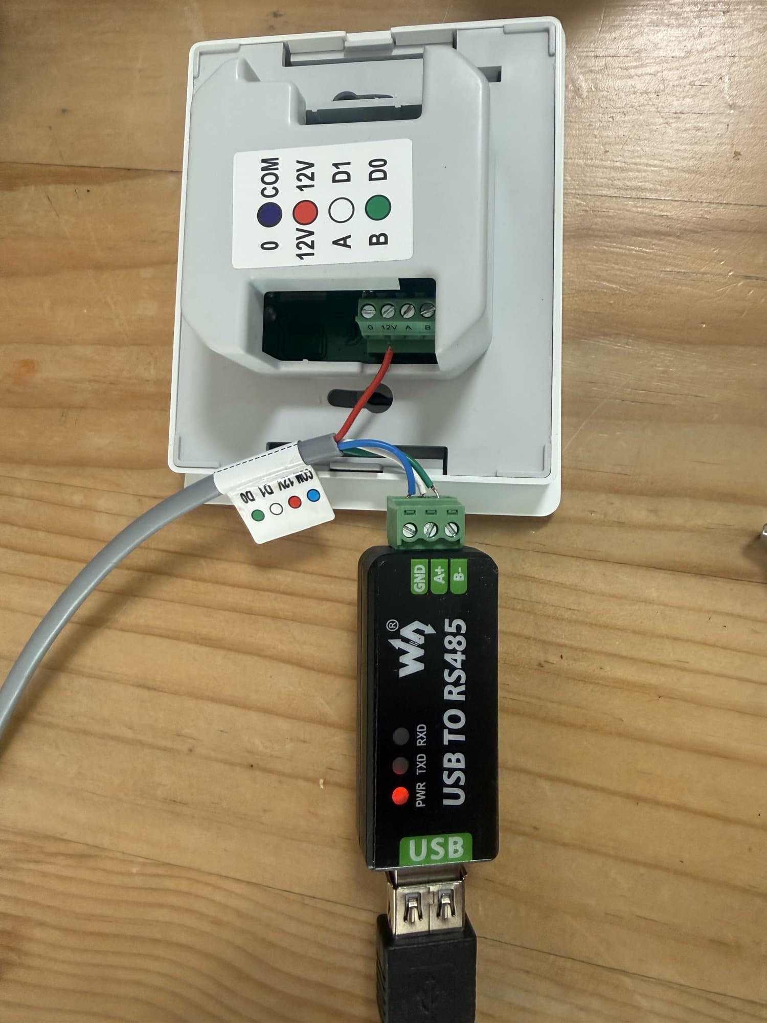 Altair MVHR controller terminal wired to a USB-to-RS485 adapter for Modbus communication with Home Assistant