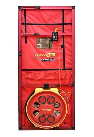 Retrotec blower door testing kit set up for a new home airtightness test